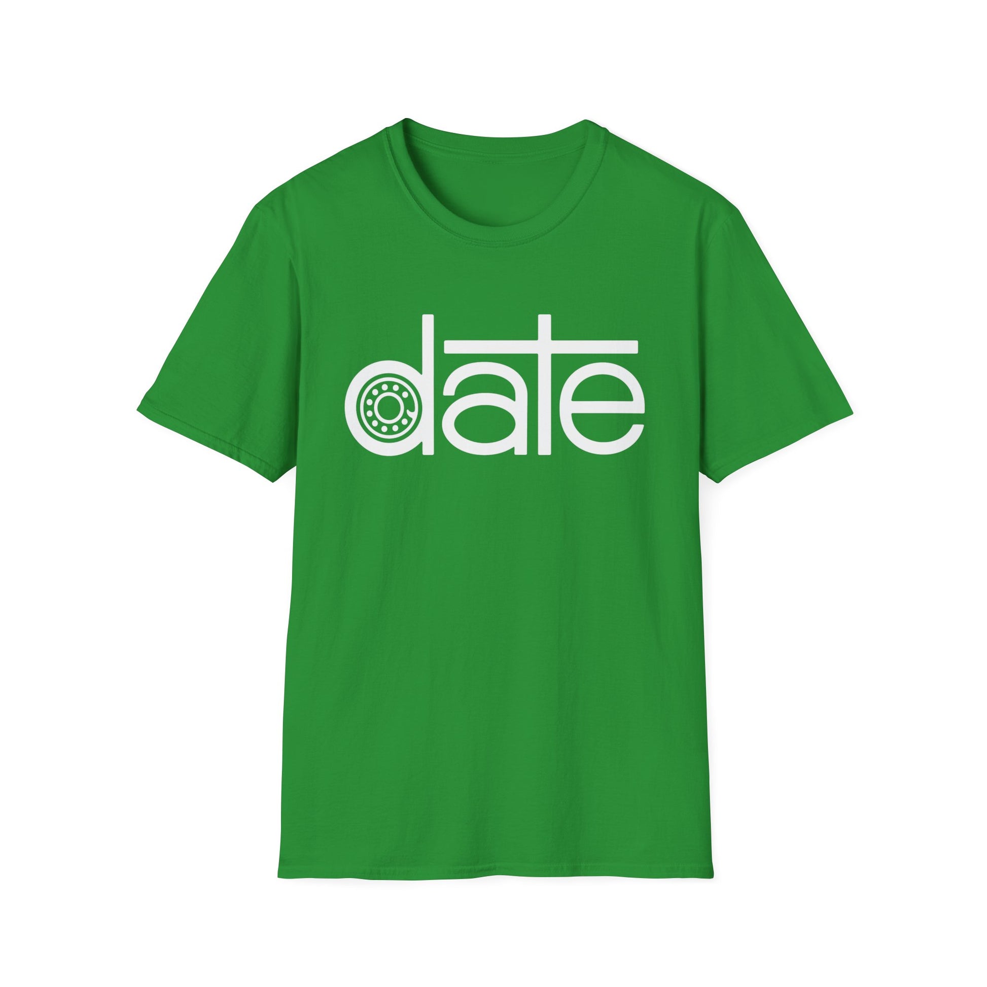 Green t-shirt with white text that says "date" and a circular gear design.
