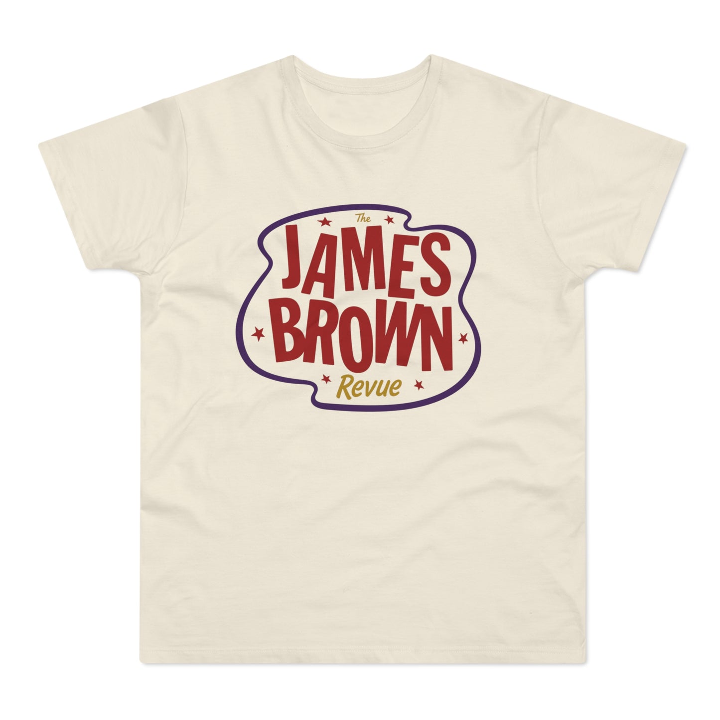 Cream t-shirt with "The James Brown Revue" text logo in red and purple.
