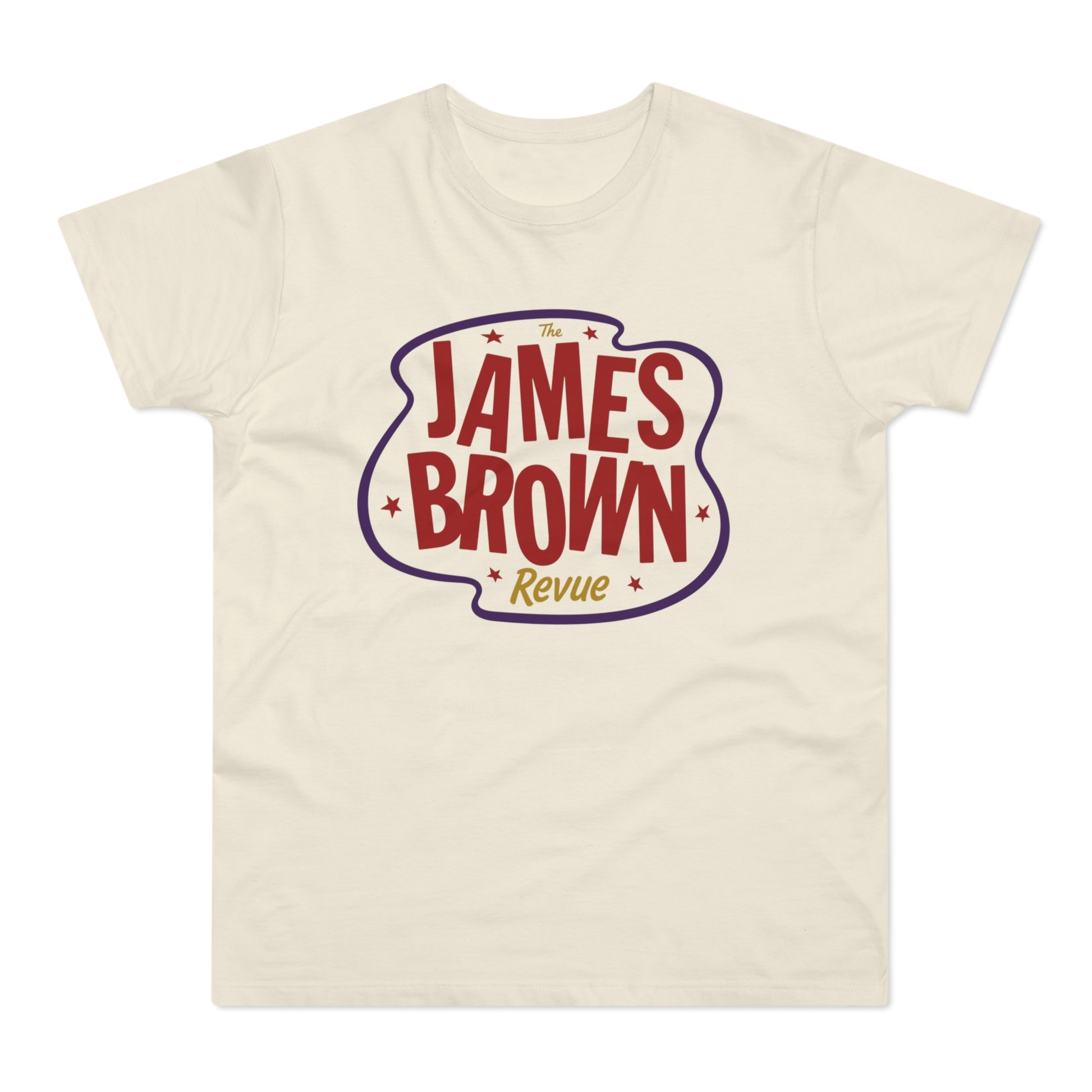 Cream t-shirt with "The James Brown Revue" text logo in red and purple.