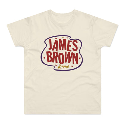 Cream t-shirt with "The James Brown Revue" text logo in red and purple.