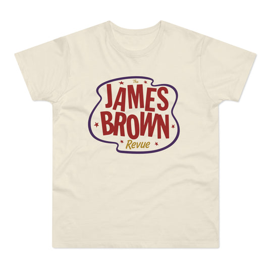 Cream t-shirt with "The James Brown Revue" text logo in red and purple.
