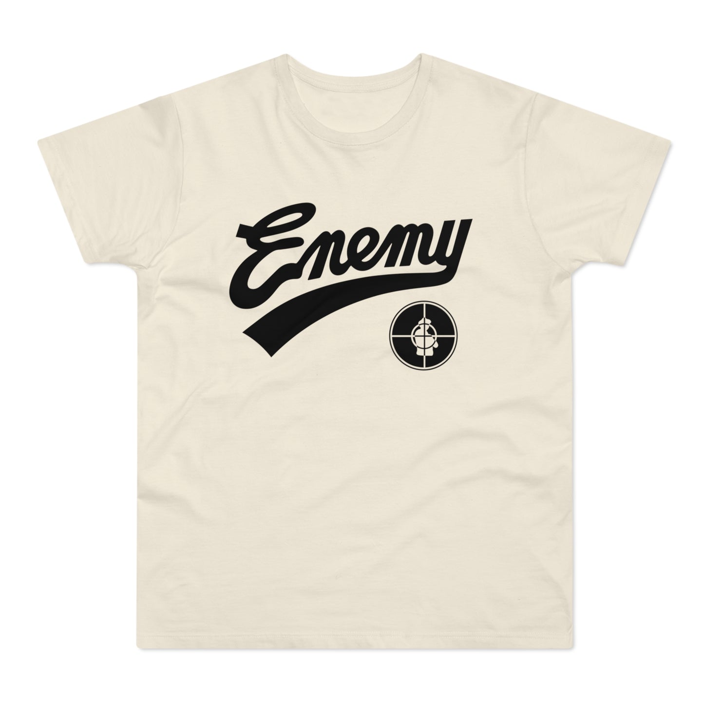 T-shirt with black "Enemy" text and a target logo on a cream background.