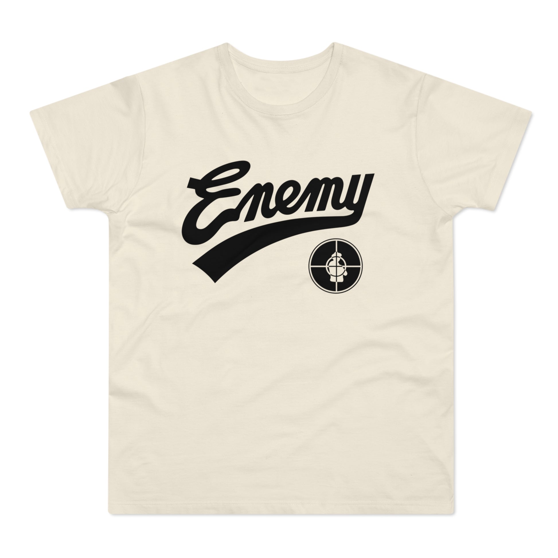 T-shirt with black "Enemy" text and a target logo on a cream background.