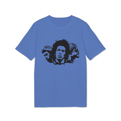 Blue t-shirt with a black stencil graphic of three faces.