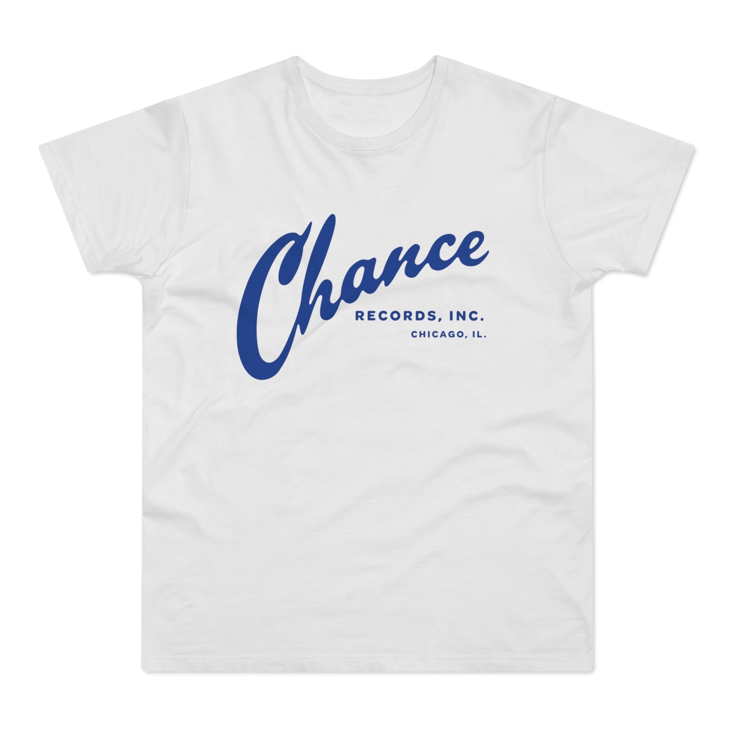 White t-shirt with blue "Chance Records. Inc. Chicago, IL." logo.