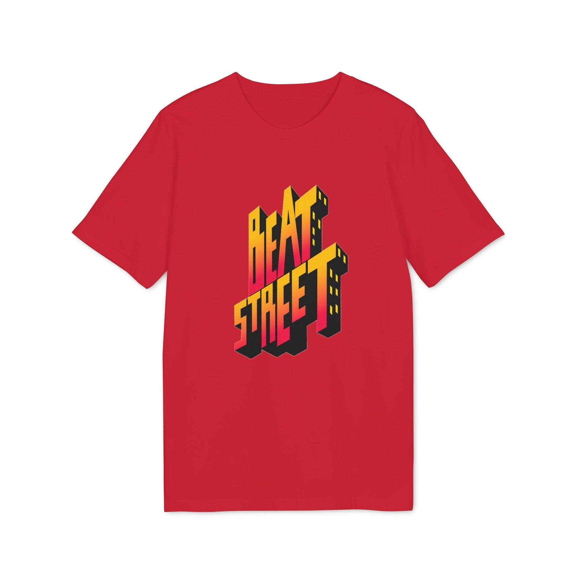 Red t-shirt with "Beat Street" text in 3D block lettering.