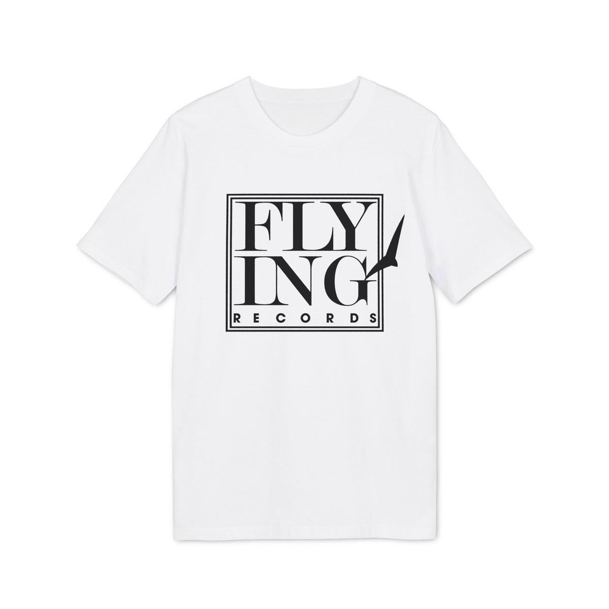 White t-shirt with black "FLYING RECORDS" text and bird graphic.