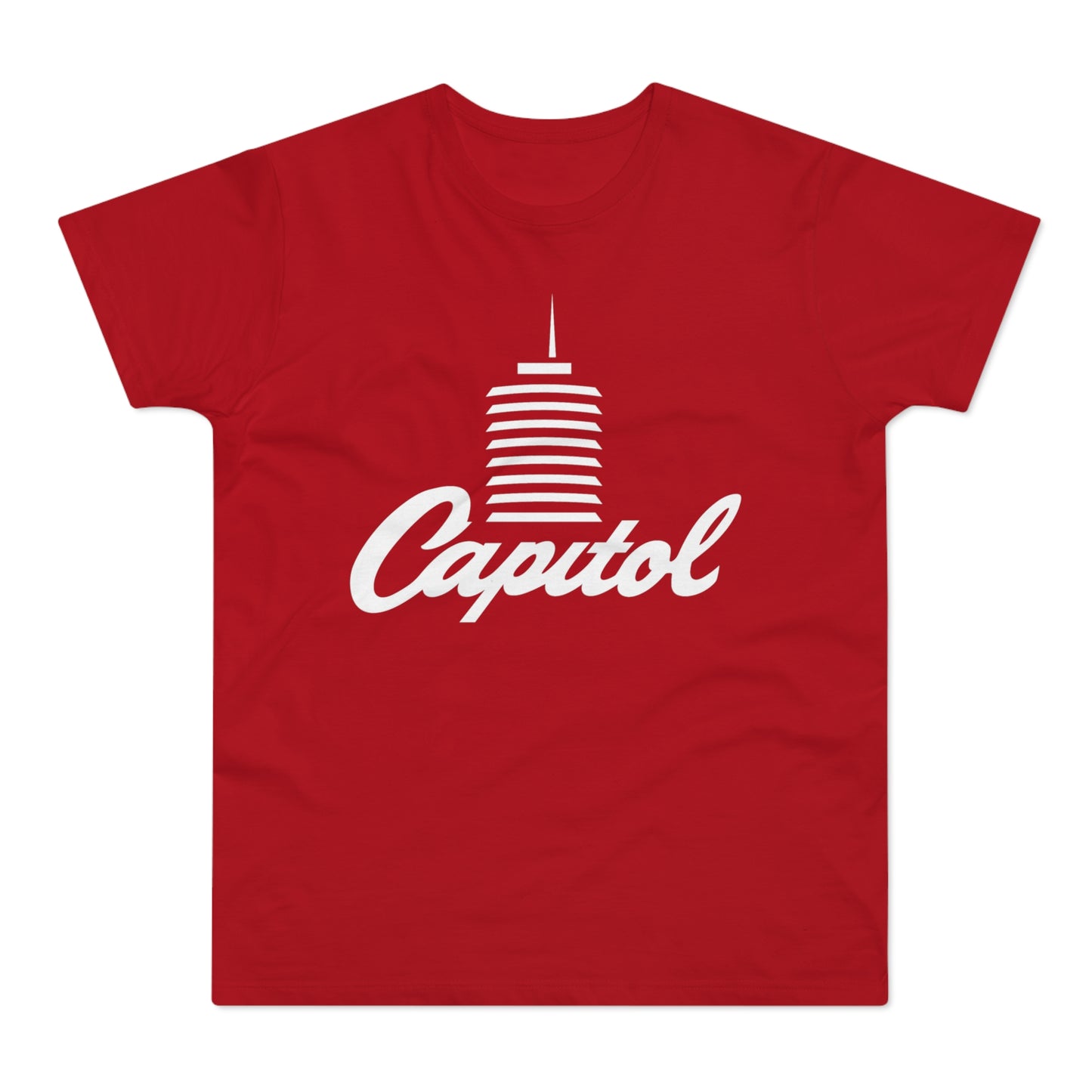 Red t-shirt with white "Capitol" text and building graphic.