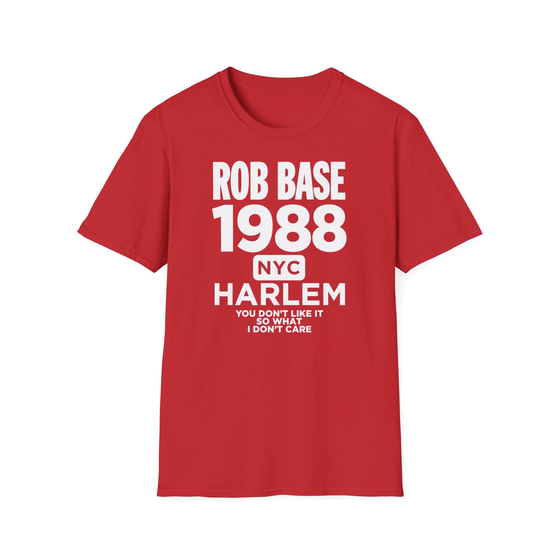 Red t-shirt with "ROB BASE 1988 NYC HARLEM" and lyrics.