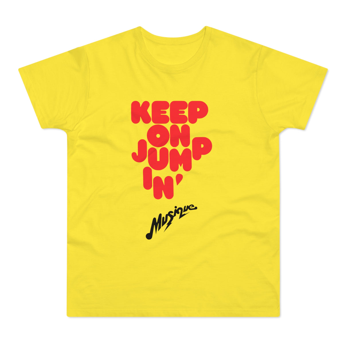 Yellow t-shirt with red text "KEEP ON JUMP 'N'" and black "Musique" graphic.