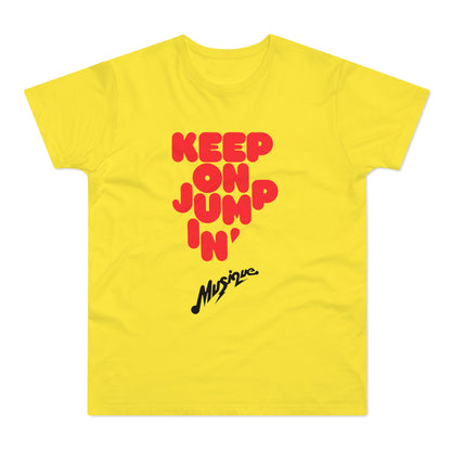 Yellow t-shirt with red text "KEEP ON JUMP 'N'" and black "Musique" graphic.