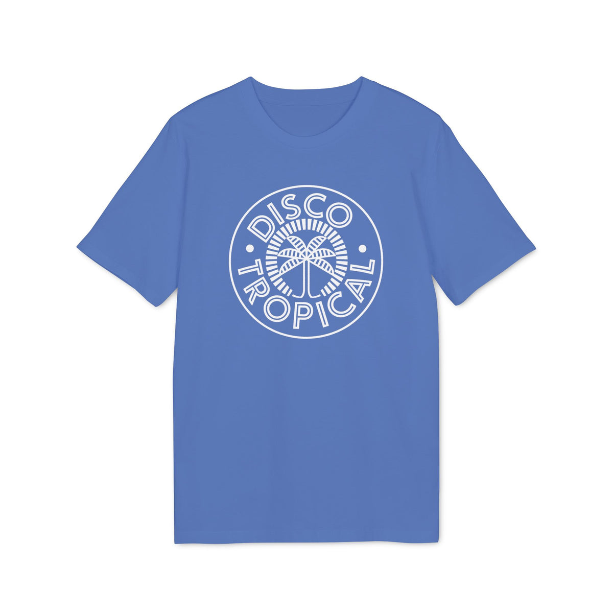 Blue t-shirt with white circular "Disco Tropical" palm tree graphic.