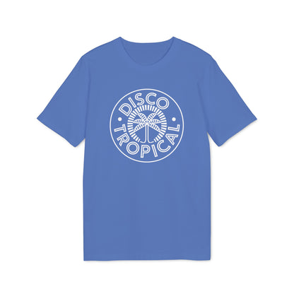 Blue t-shirt with white circular "Disco Tropical" palm tree graphic.