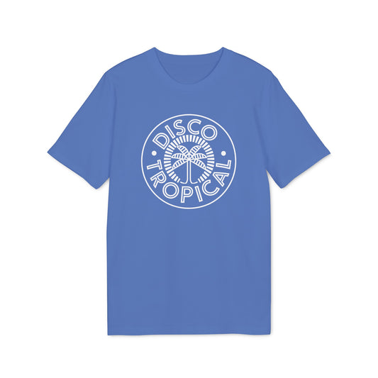 Blue t-shirt with white circular "Disco Tropical" palm tree graphic.