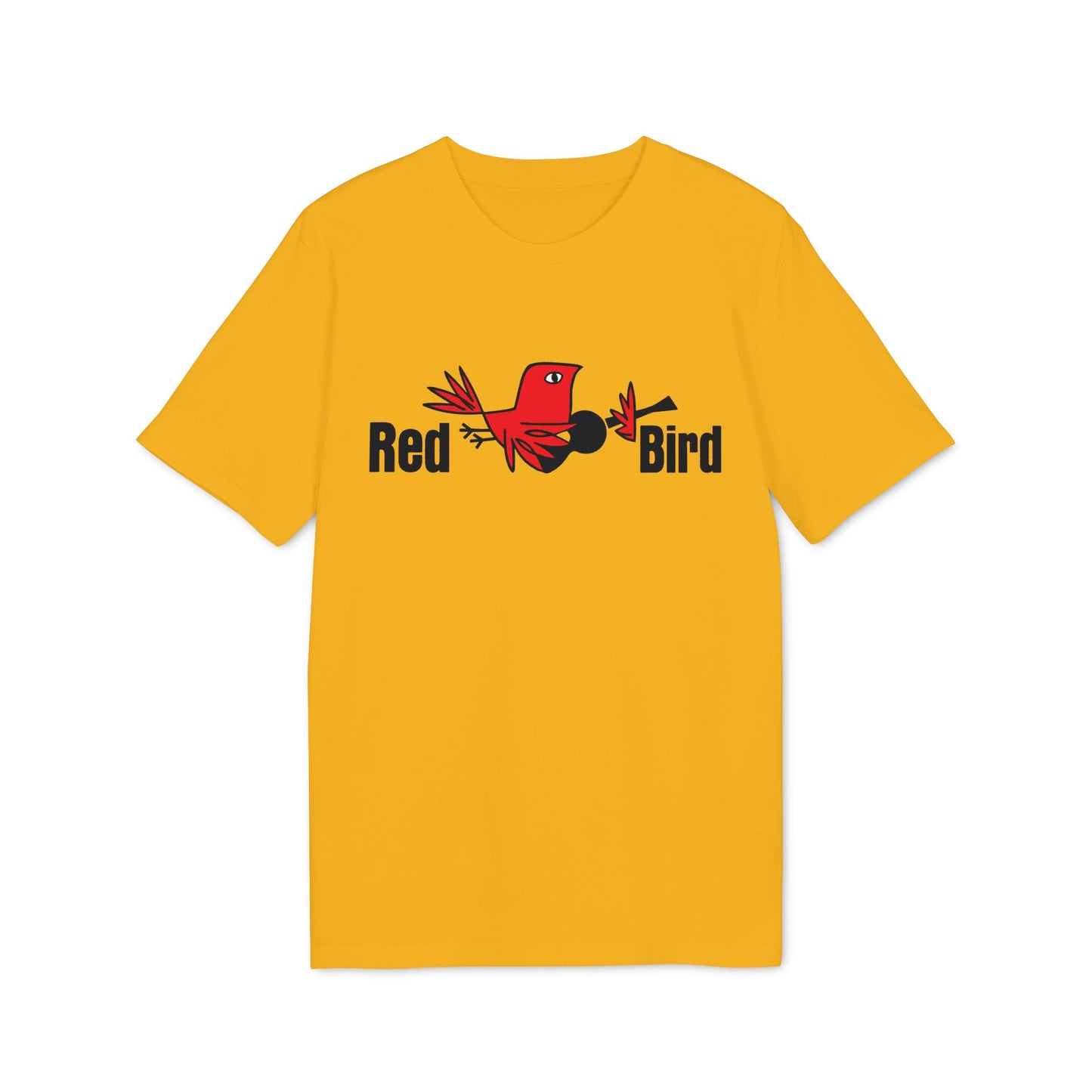 Yellow t-shirt with a red bird logo and the words "Red Bird".