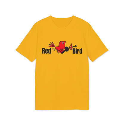 Yellow t-shirt with a red bird logo and the words "Red Bird".
