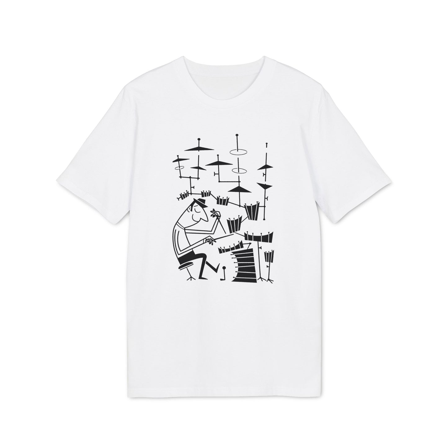 White t-shirt with black line drawing of a drummer playing a drum kit.