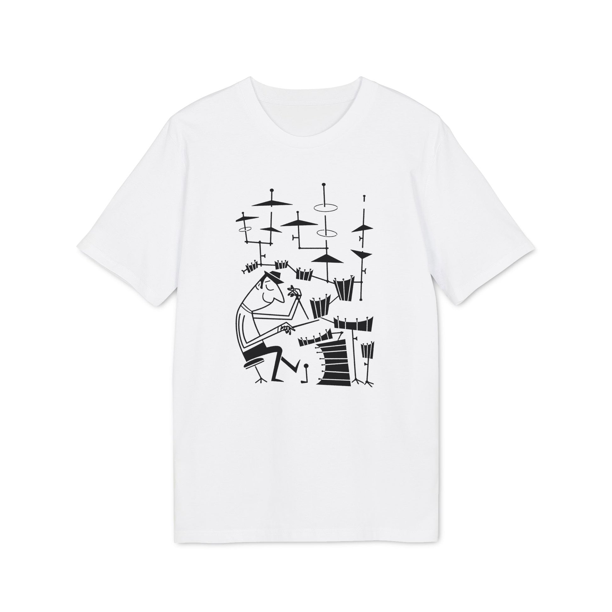 White t-shirt with black line drawing of a drummer playing a drum kit.
