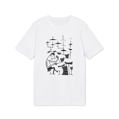 White t-shirt with black line drawing of a drummer playing a drum kit.