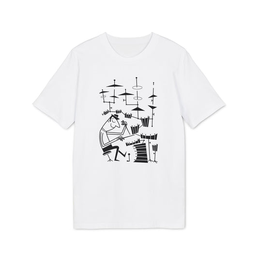 White t-shirt with black line drawing of a drummer playing a drum kit.