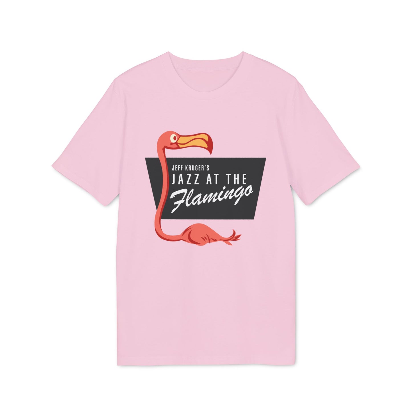 Light pink t-shirt with a cartoon flamingo and "Jeff Kruger's Jazz at the Flamingo" text.