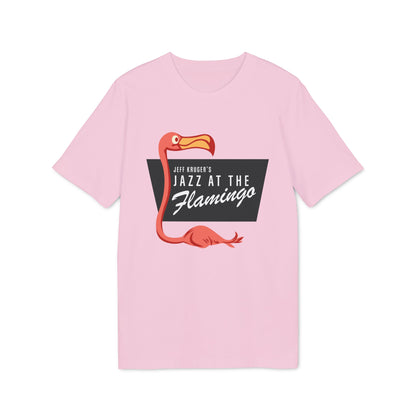 Light pink t-shirt with a cartoon flamingo and "Jeff Kruger's Jazz at the Flamingo" text.
