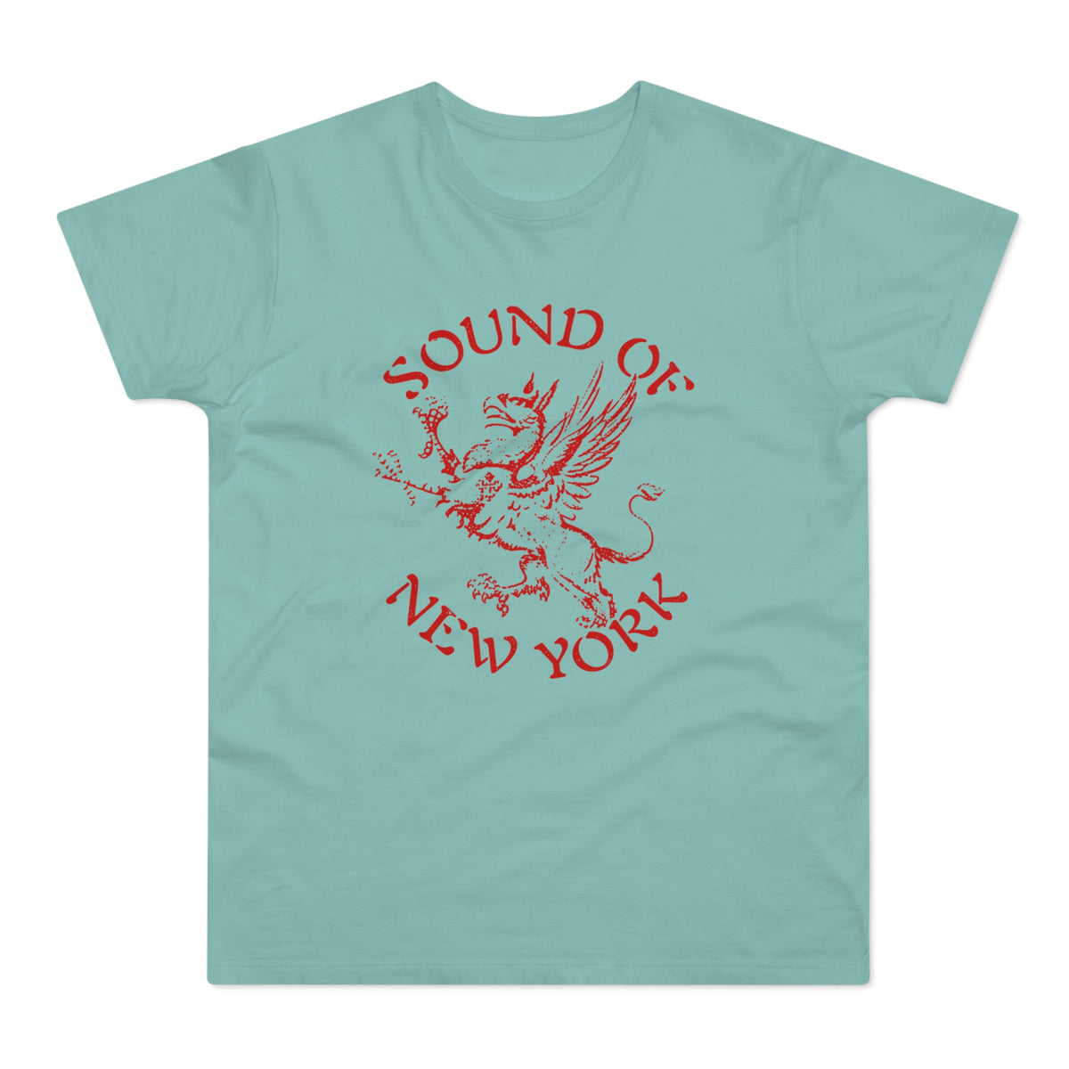 Teal t-shirt with red "SOUND OF NEW YORK" text and a mythical creature graphic.
