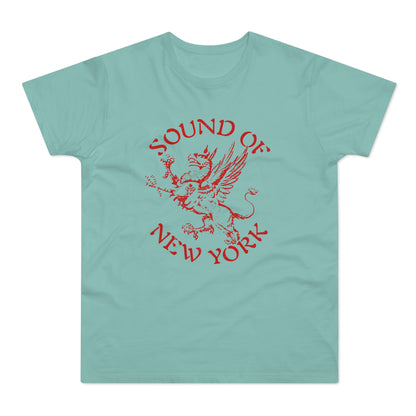 Teal t-shirt with red "SOUND OF NEW YORK" text and a mythical creature graphic.