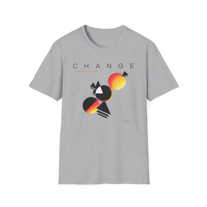 Grey t-shirt with "CHANGE THE GLOW OF LOVE" and abstract art.