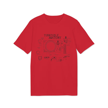 Red t-shirt with black graphic of turntable anatomy diagram, labeled with parts.