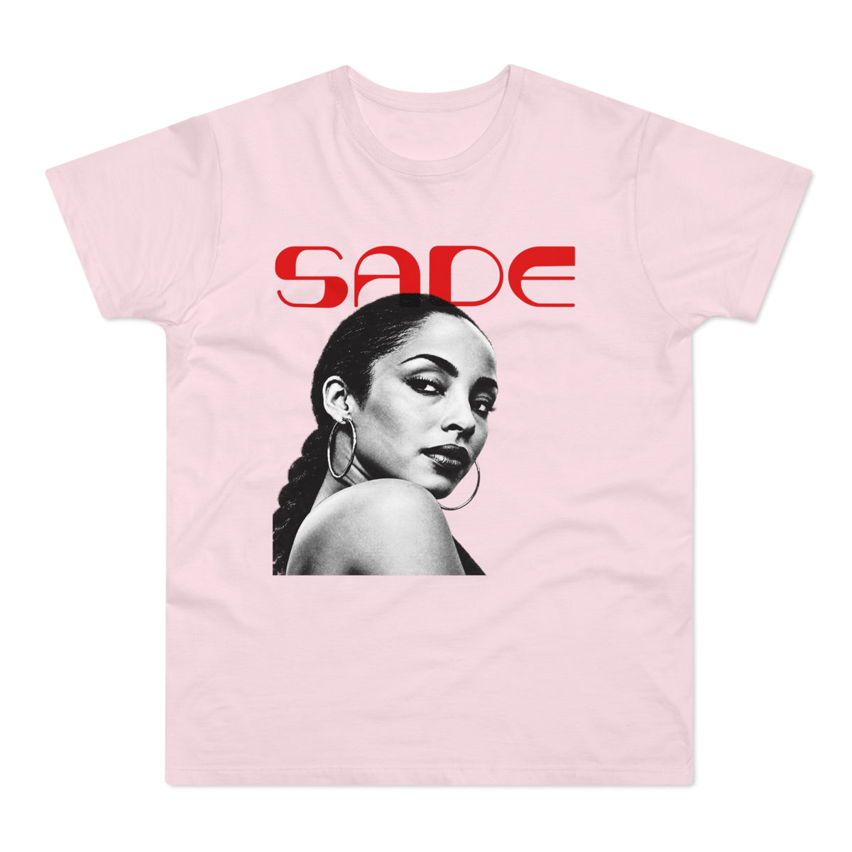Pink t-shirt with Sade's name and portrait in black and white.