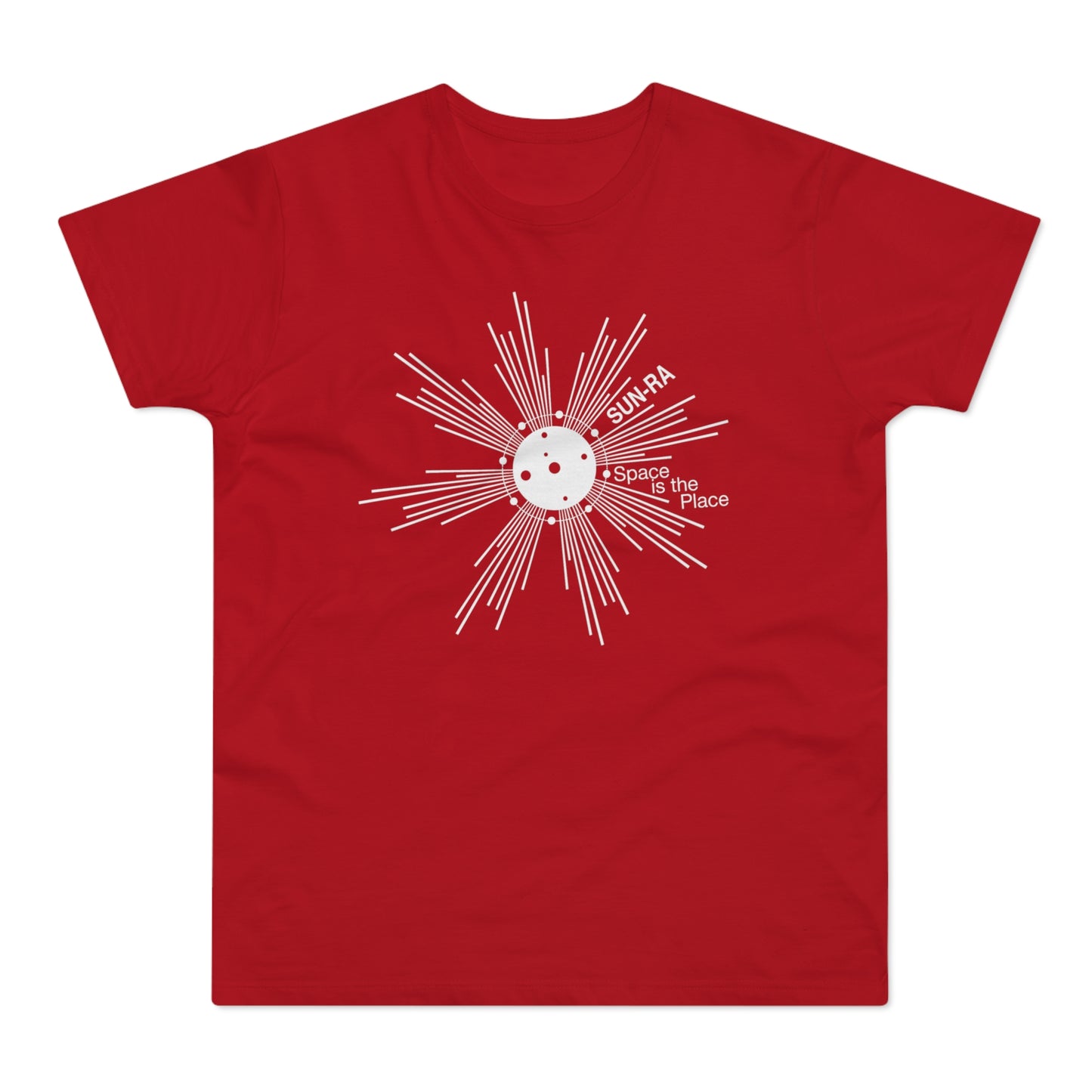 Red t-shirt with white "SUN-RA Space is the Place" graphic, featuring a sunburst design with a circular moon.