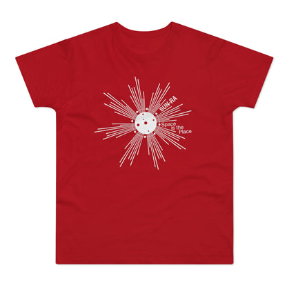 Red t-shirt with white "SUN-RA Space is the Place" graphic, featuring a sunburst design with a circular moon.