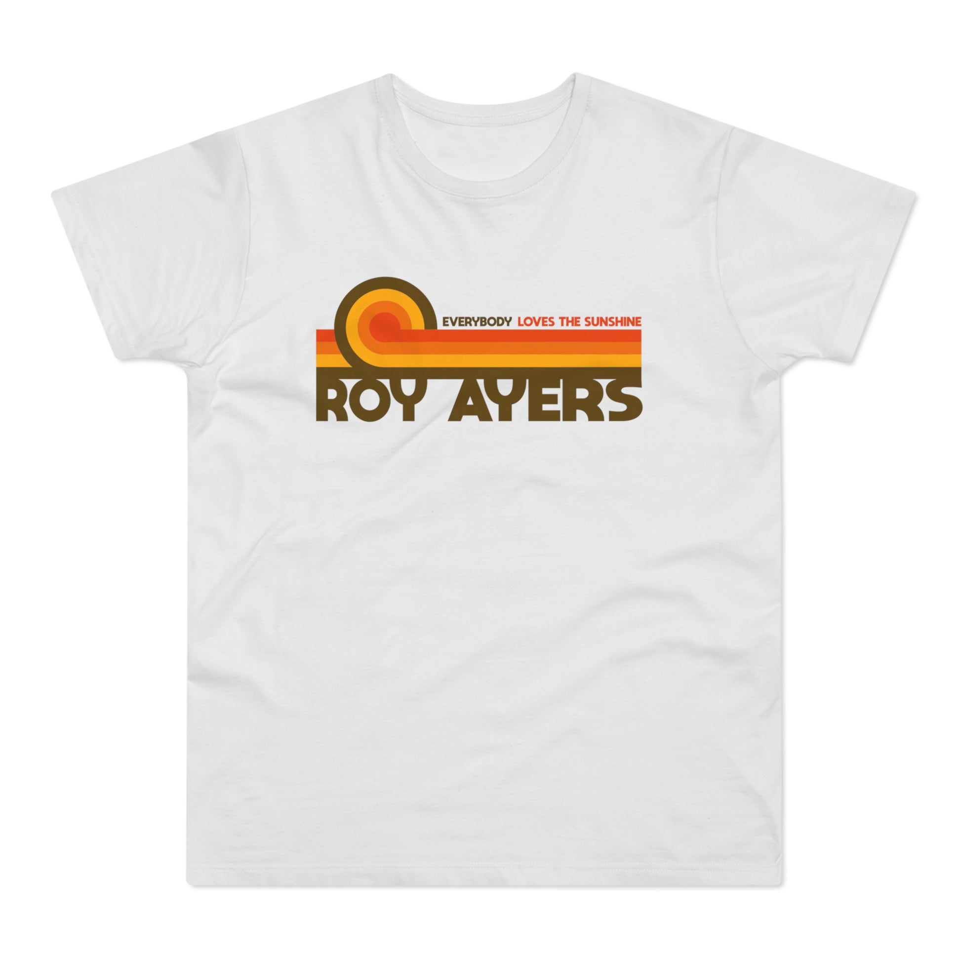 White t-shirt with "Roy Ayers Everybody Loves the Sunshine" retro graphic.