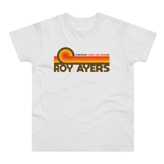 White t-shirt with "Roy Ayers Everybody Loves the Sunshine" retro graphic.