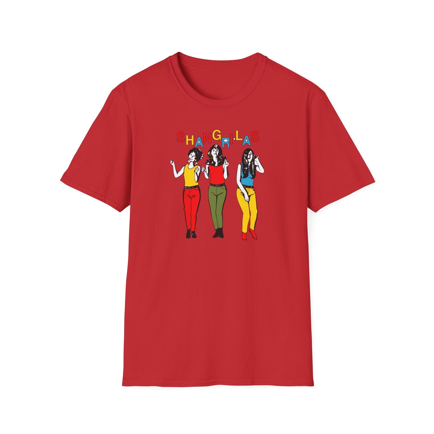 Red t-shirt with colorful "SHANGRI-LAS" text and three dancing women.