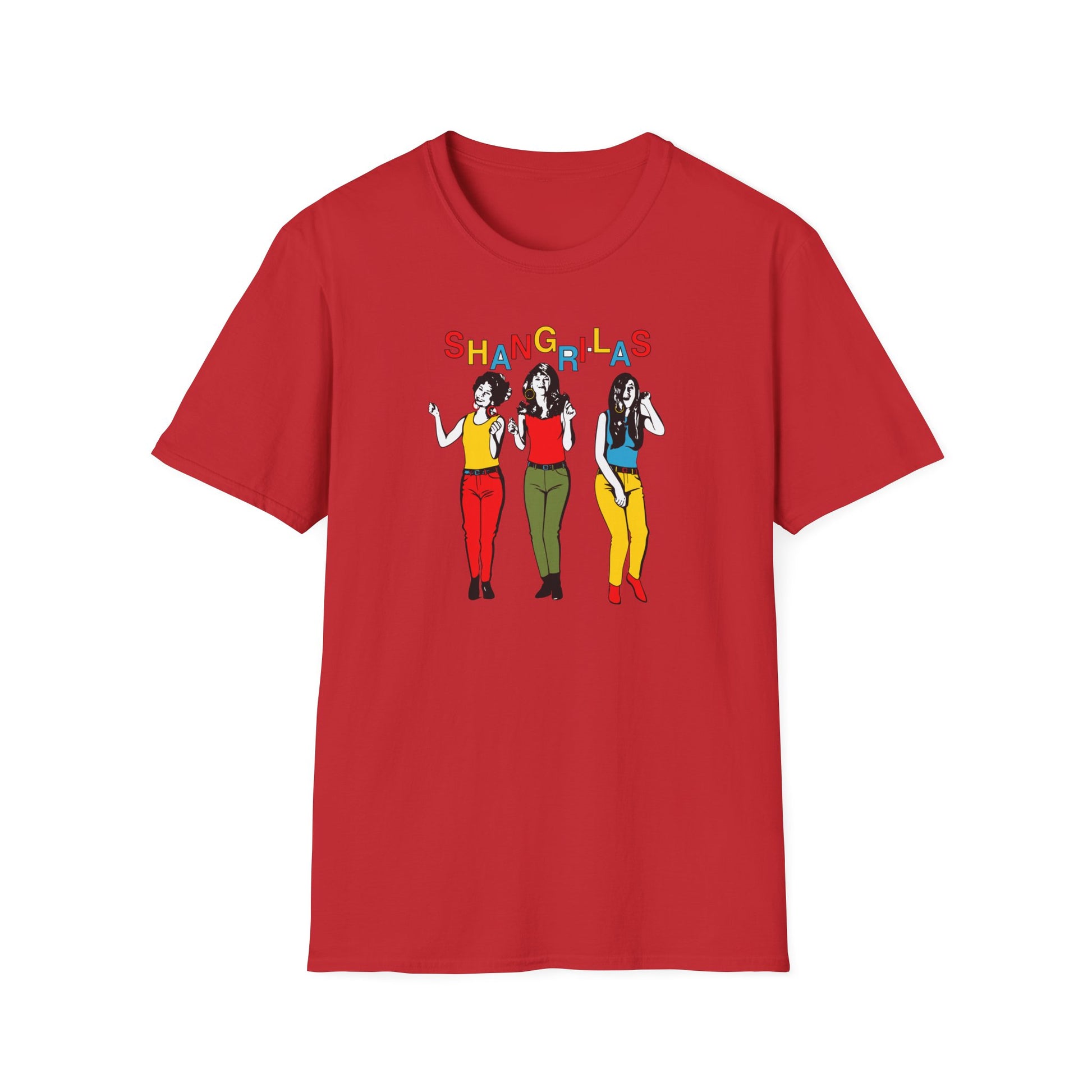Red t-shirt with colorful "SHANGRI-LAS" text and three dancing women.