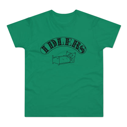 Green t-shirt with black text "IDLERS" and a drawing of a cat sleeping in bed.