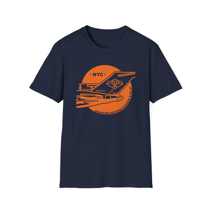 Navy t-shirt with orange Beastie Boys graphic including NYC and Madison Square Garden 8.20.87.