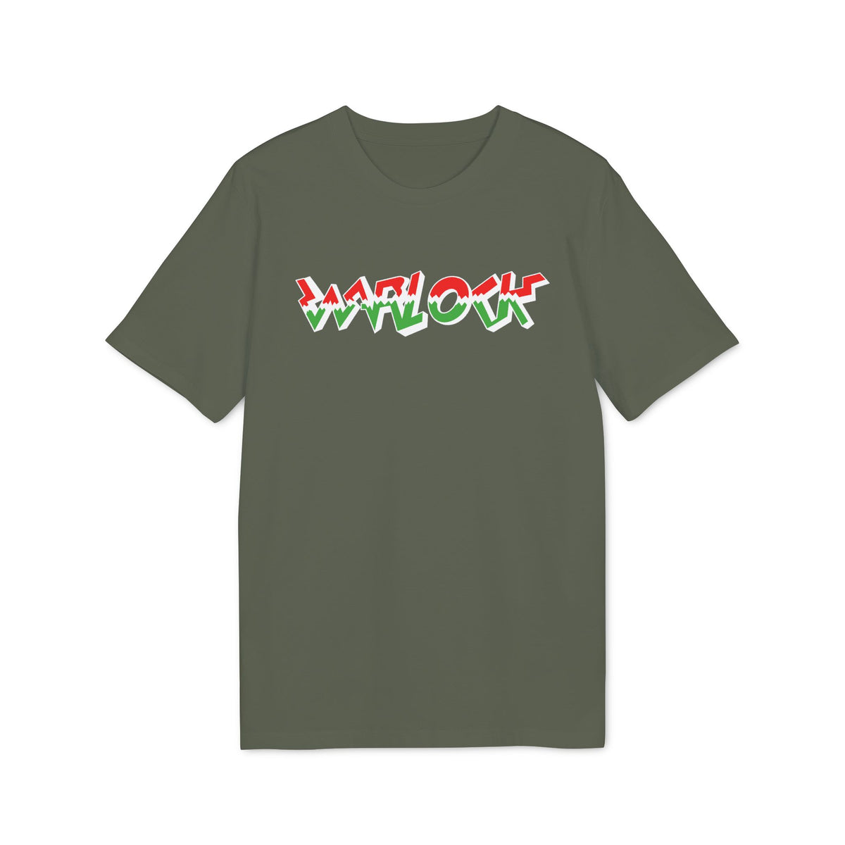 Olive green t-shirt with "WARLOCK" text in red and green.