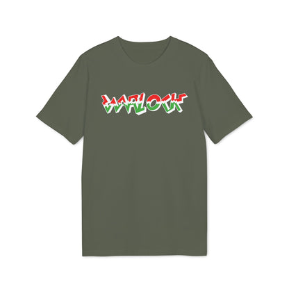 Olive green t-shirt with "WARLOCK" text in red and green.
