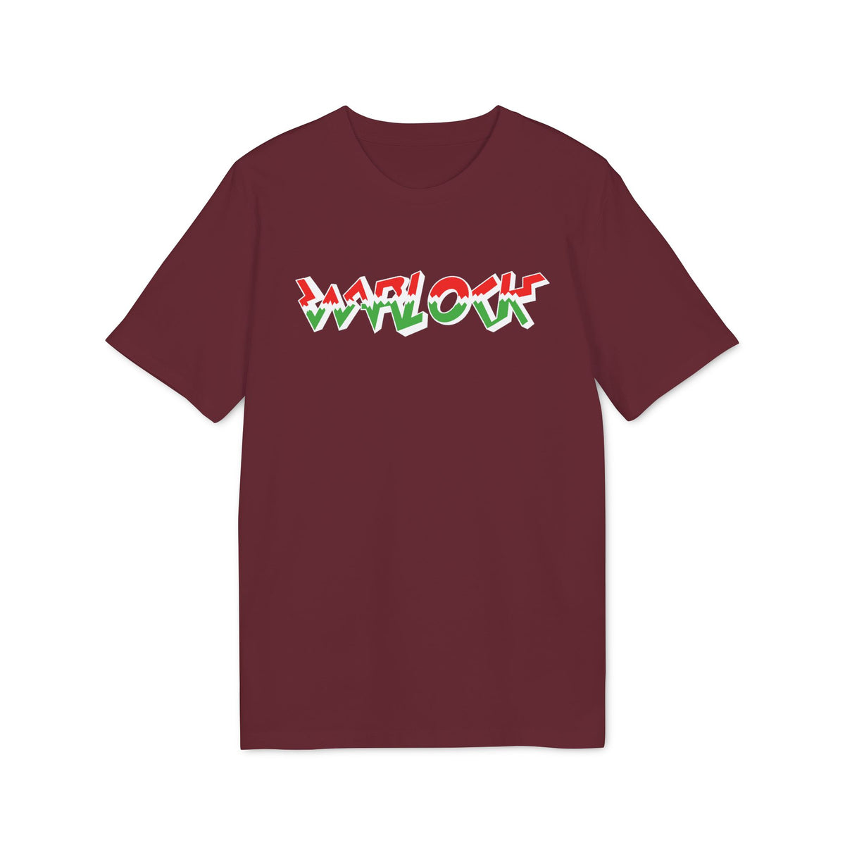 Maroon t-shirt with red, white, and green "WARLOCK" text graphic.