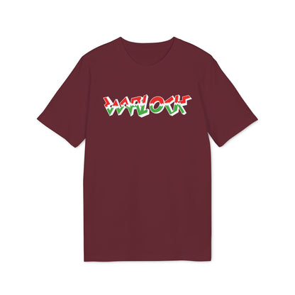 Maroon t-shirt with red, white, and green "WARLOCK" text graphic.