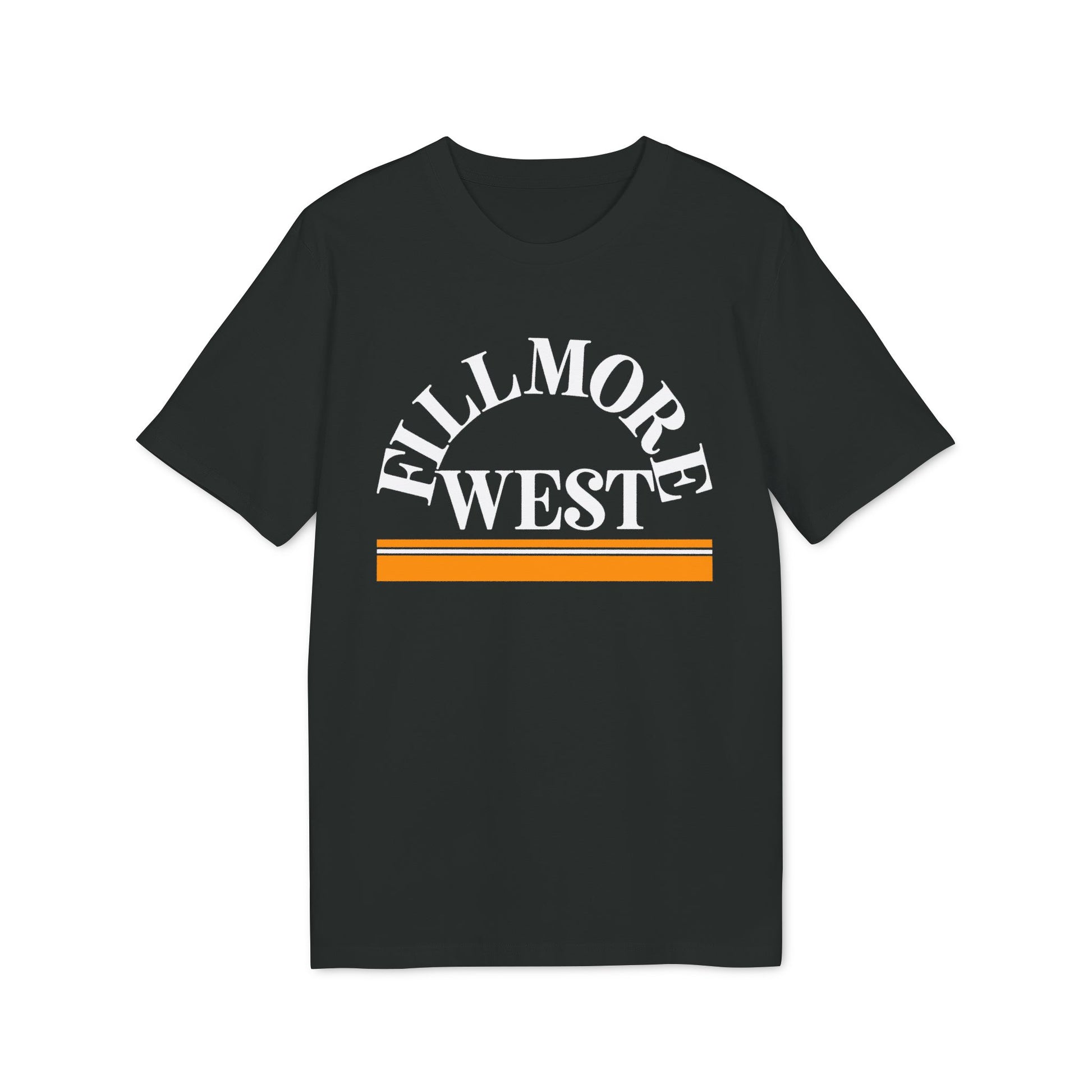 Black t-shirt with white "FILLMORE WEST" text and orange and white striped design.