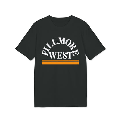 Black t-shirt with white "FILLMORE WEST" text and orange and white striped design.