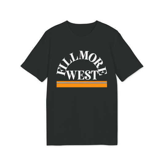 Black t-shirt with white "FILLMORE WEST" text and orange and white striped design.