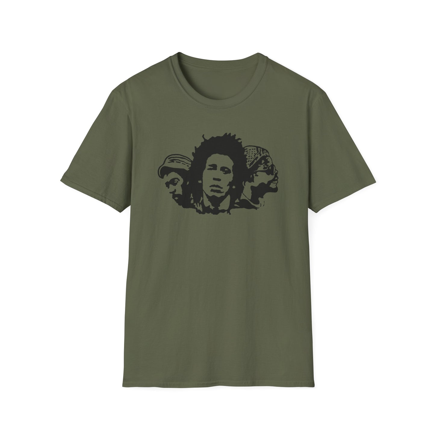 Khaki t-shirt with a black graphic of Bob Marley and two other figures.