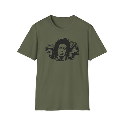 Khaki t-shirt with a black graphic of Bob Marley and two other figures.