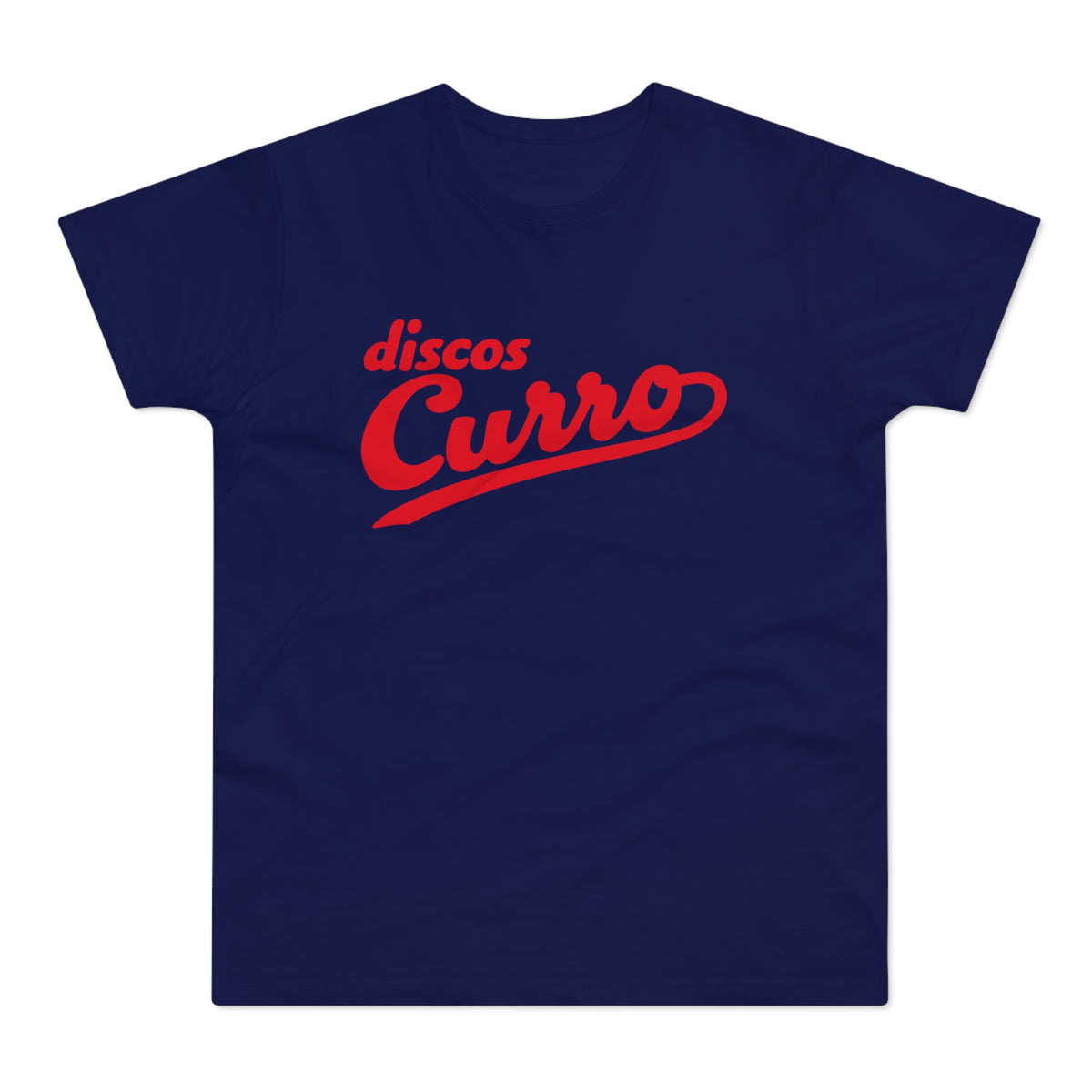 Navy t-shirt with red "Discos Curro" script logo.