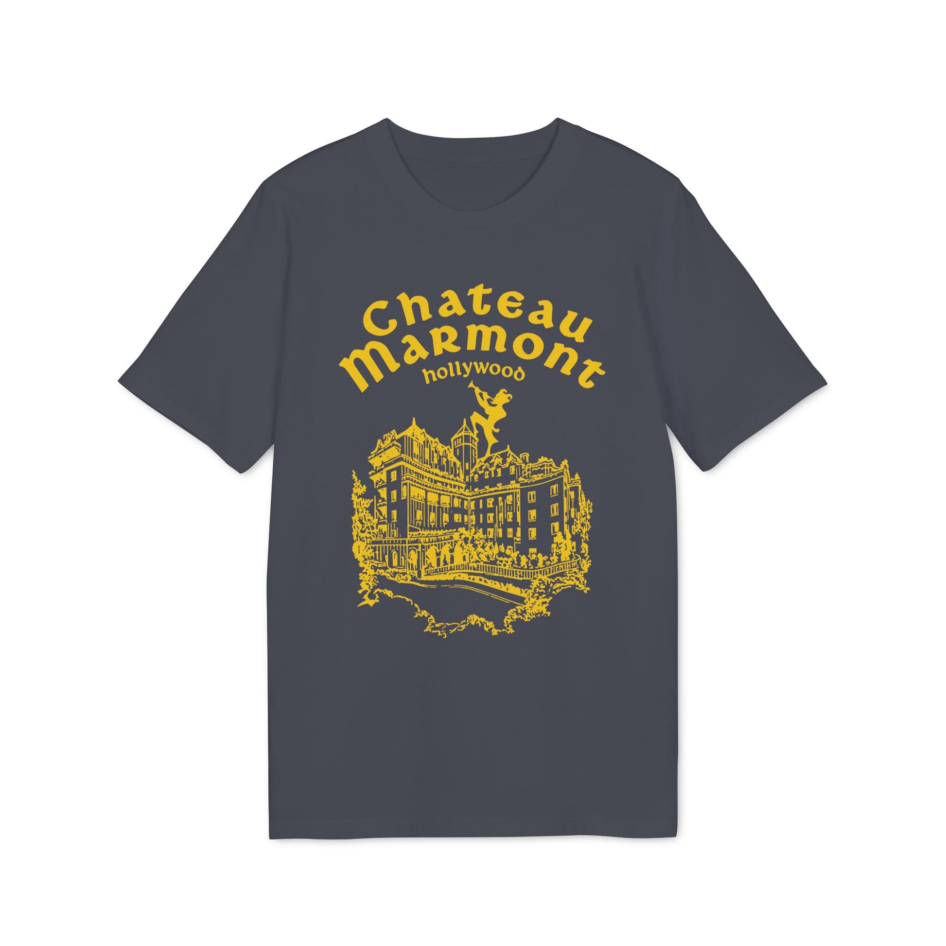 Chateau Marmont Hollywood graphic on a dark gray t-shirt.